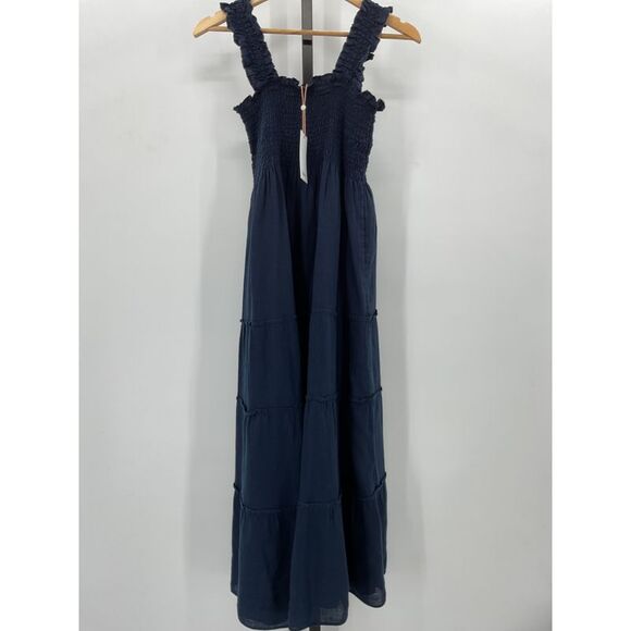 Quince Womens 100% European Linen Smocked Midi Dress Deep Navy Basic Sleeved M - Picture 3 of 3